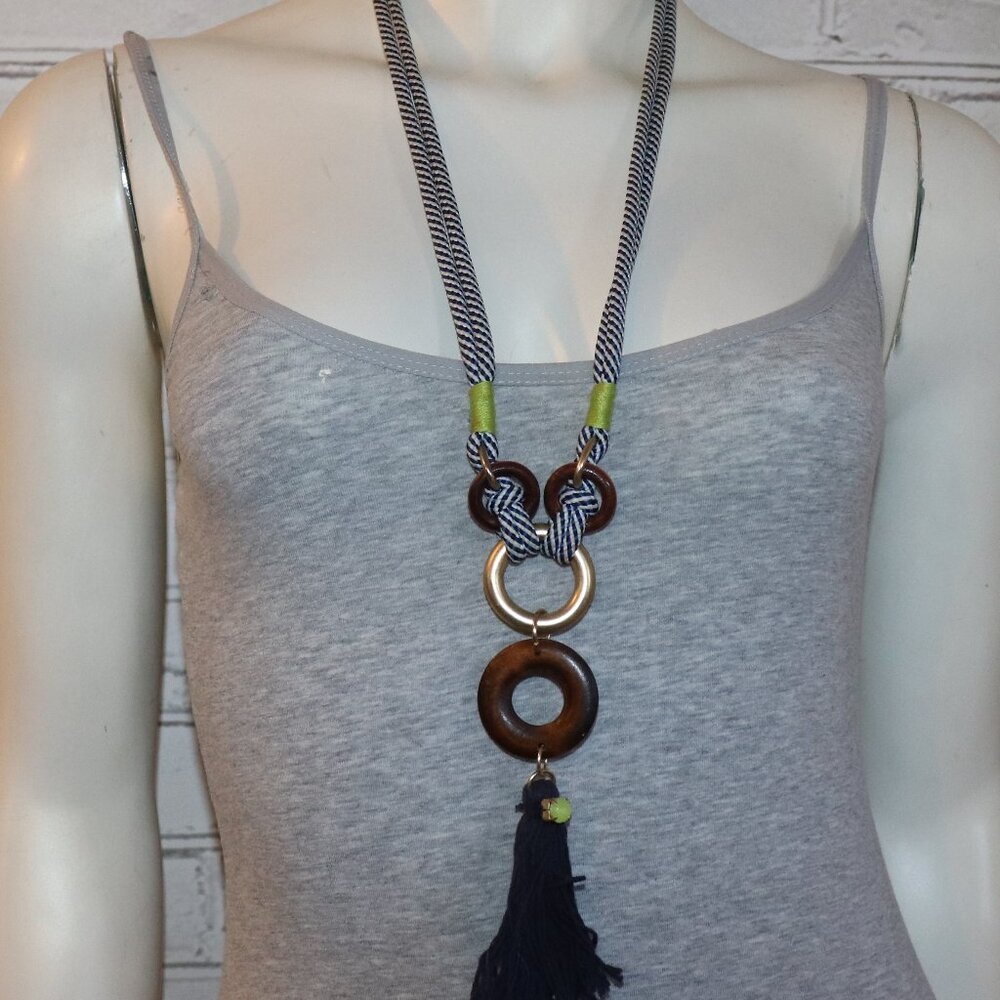 Blue and white cord necklace with gold and wooden rings 30-33"